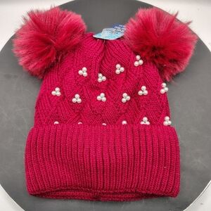 Burgundy Pom-Pom Beanie with Pearls
